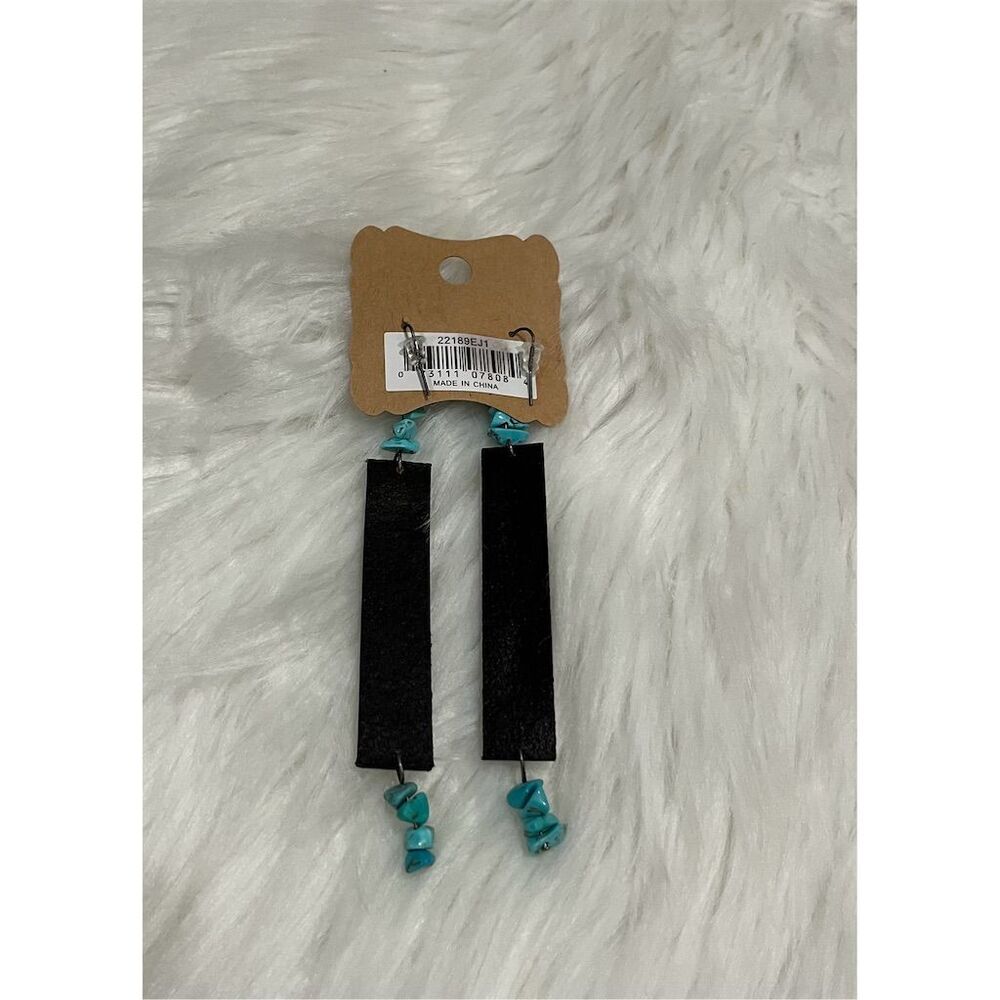 🆕 Justin Aztec Pattern Leather Earrings Multicolor Dangle Turquoise Bead - Picture 2 of 3